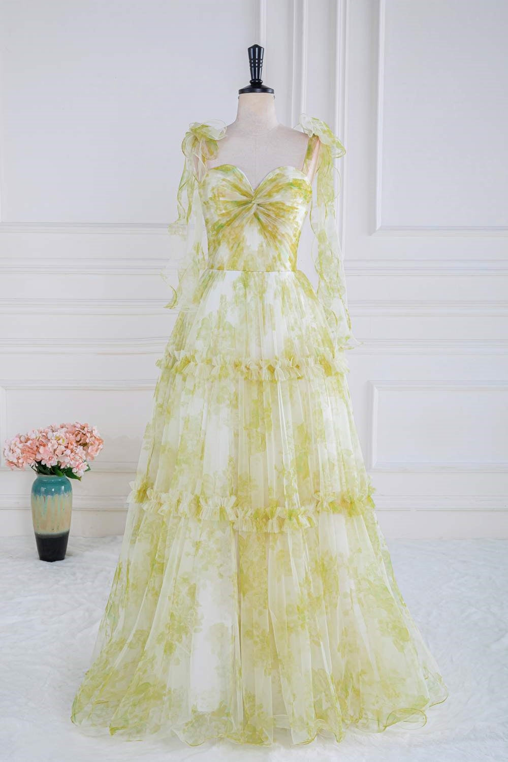 Yellow Floral Knotted A-line Formal Dress