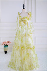 Yellow Floral Knotted A-line Formal Dress
