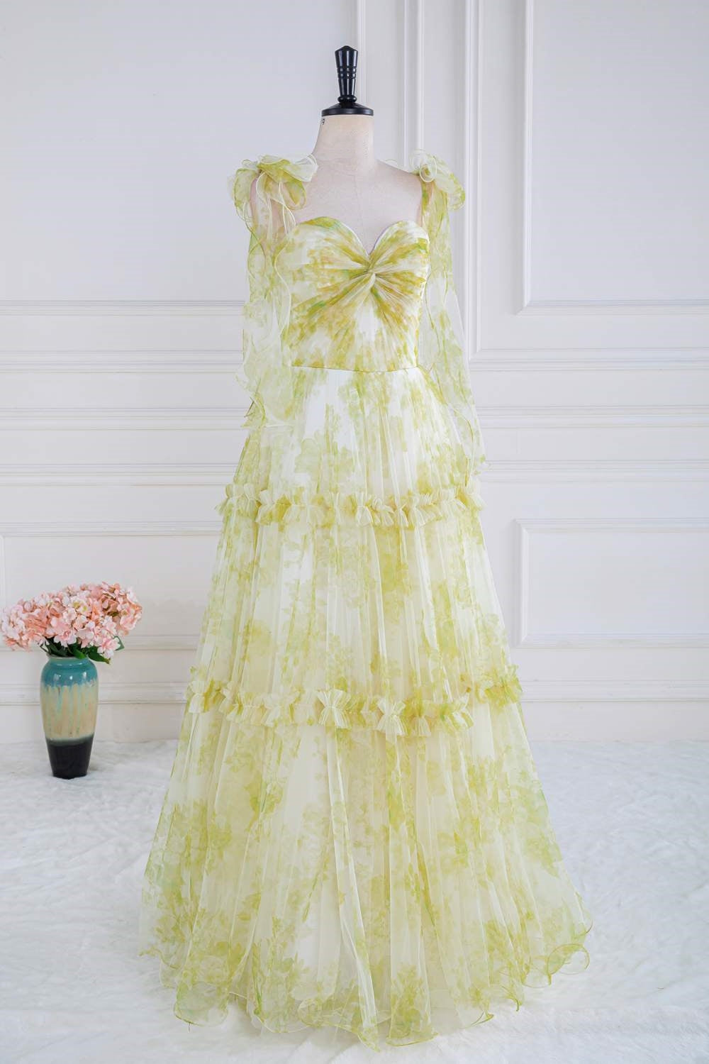 Yellow Floral Knotted A-line Formal Dress