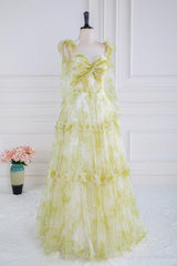Yellow Floral Knotted A-line Formal Dress