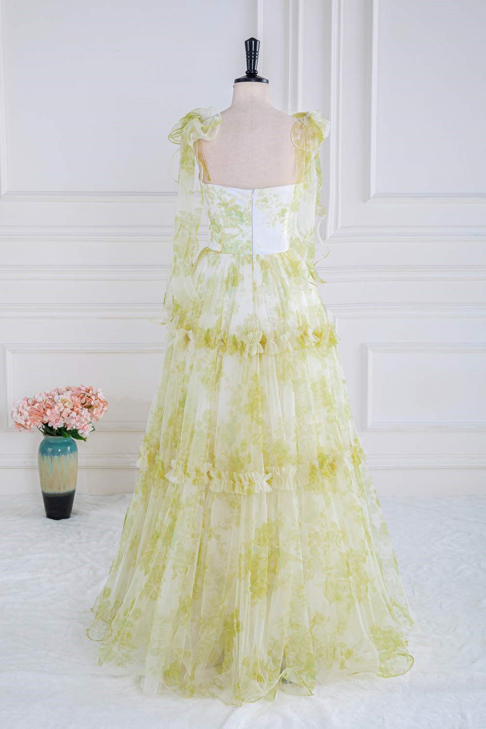 Yellow Floral Knotted A-line Formal Dress