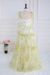 Yellow Floral Knotted A-line Formal Dress