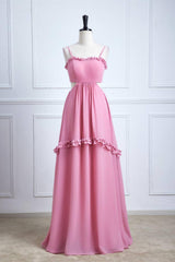 Powder Pink Ruffle-Trimmed Cutout Chiffon Maxi Dress