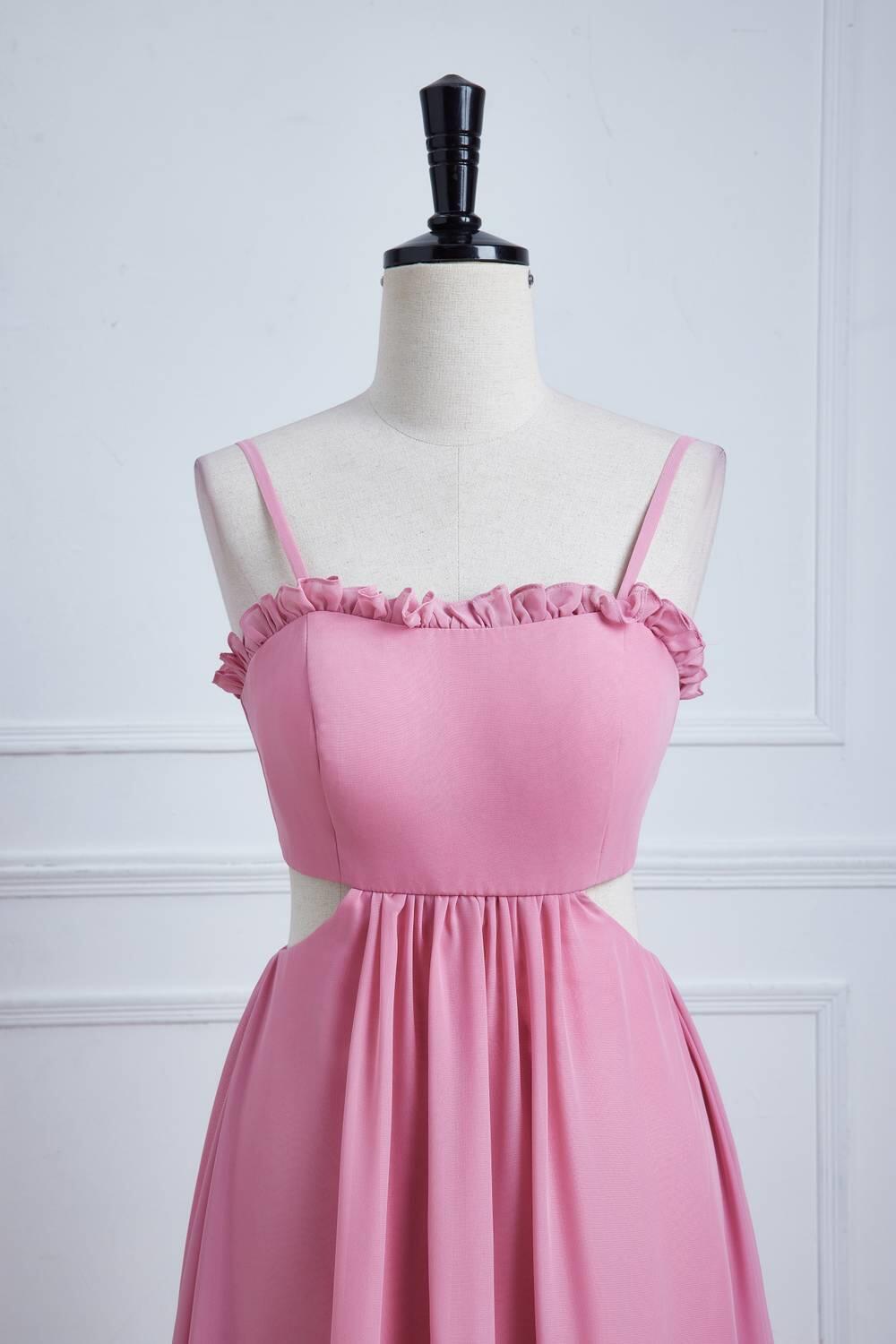 Powder Pink Ruffle-Trimmed Cutout Chiffon Maxi Dress