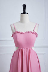 Powder Pink Ruffle-Trimmed Cutout Chiffon Maxi Dress