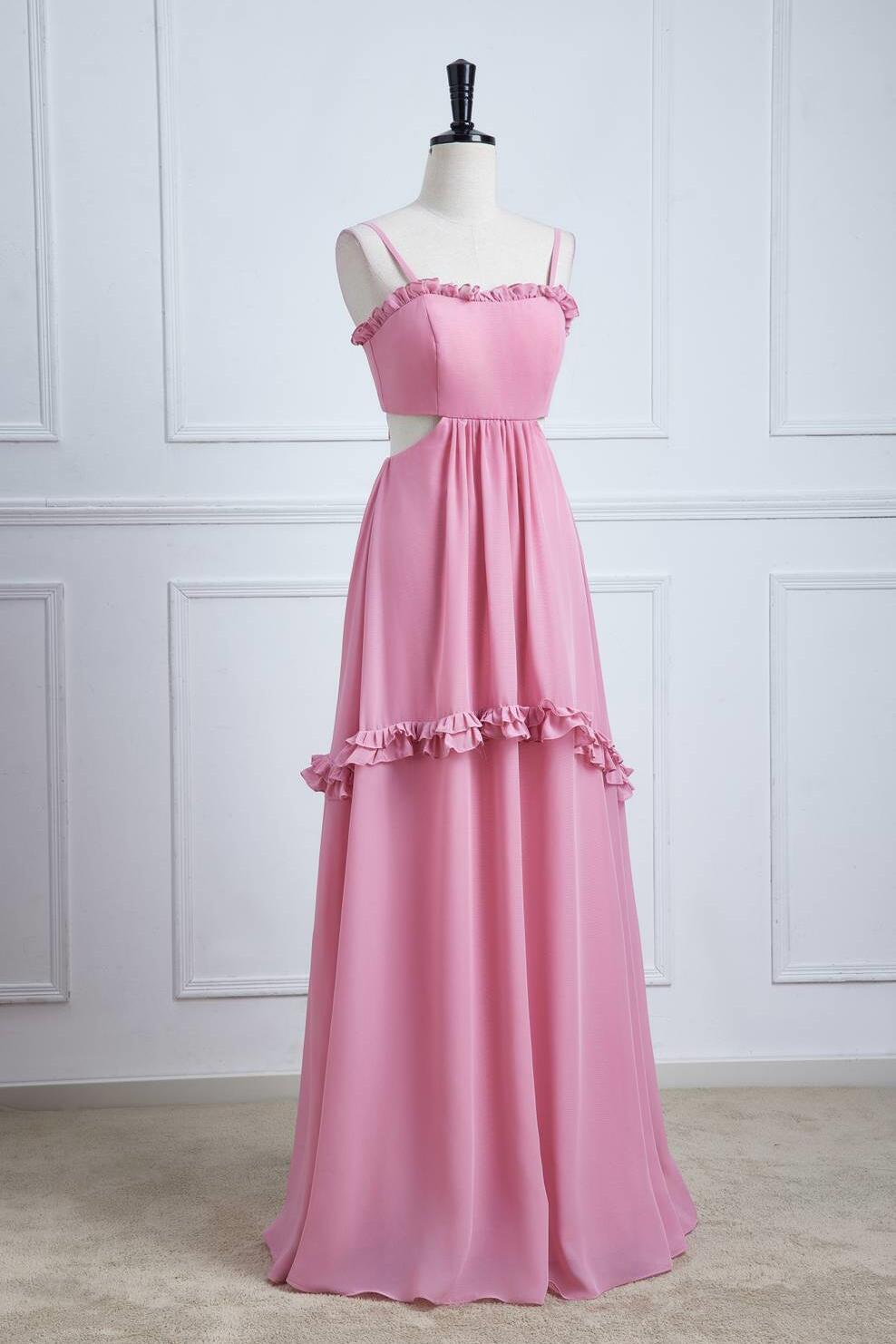 Powder Pink Ruffle-Trimmed Cutout Chiffon Maxi Dress