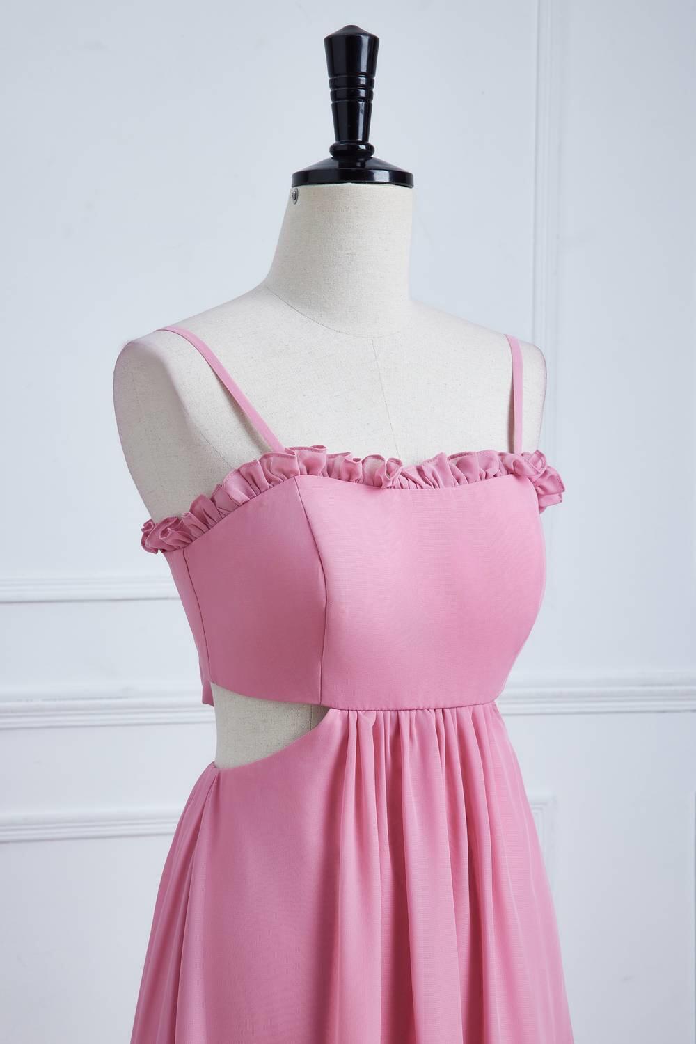 Powder Pink Ruffle-Trimmed Cutout Chiffon Maxi Dress