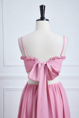 Powder Pink Ruffle-Trimmed Cutout Chiffon Maxi Dress