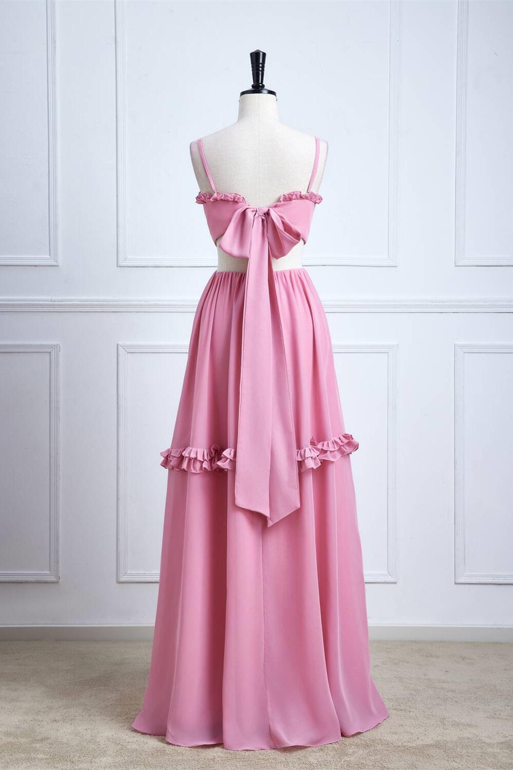 Powder Pink Ruffle-Trimmed Cutout Chiffon Maxi Dress