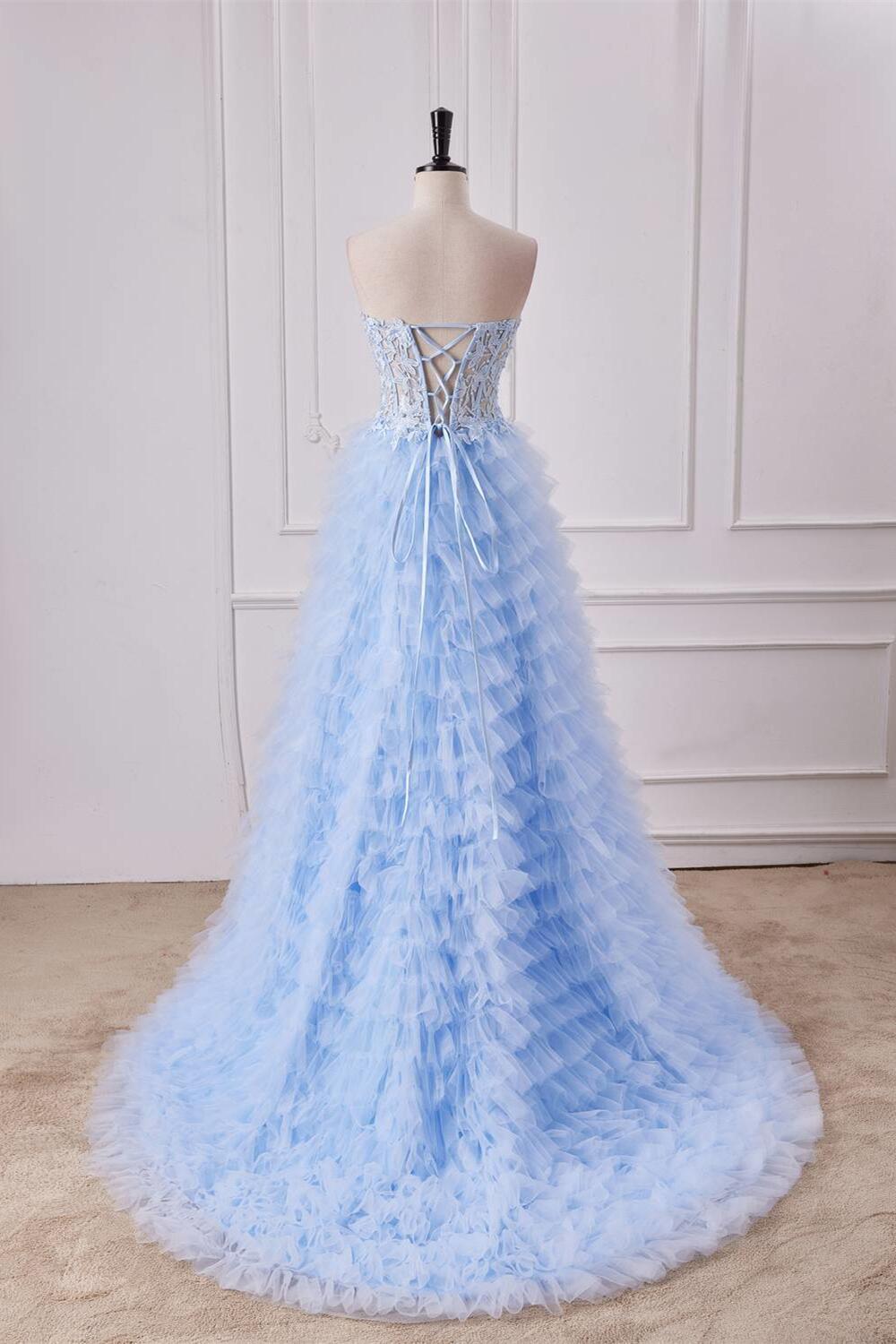 Sweetheart Appliques Light Blue Ruffles Tulle Formal Dress