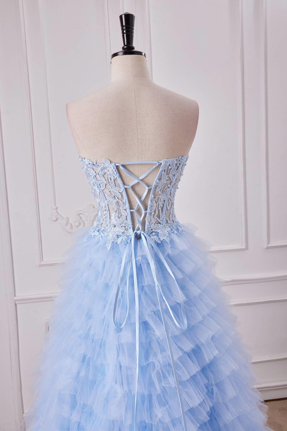 Sweetheart Appliques Light Blue Ruffles Tulle Formal Dress