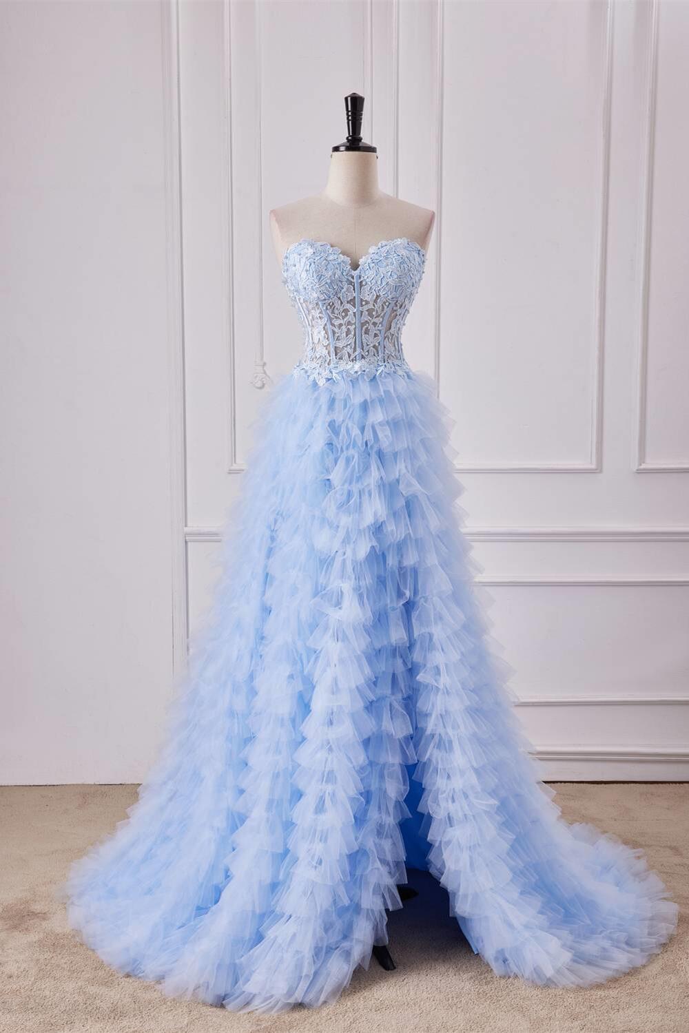 Sweetheart Appliques Light Blue Ruffles Tulle Formal Dress
