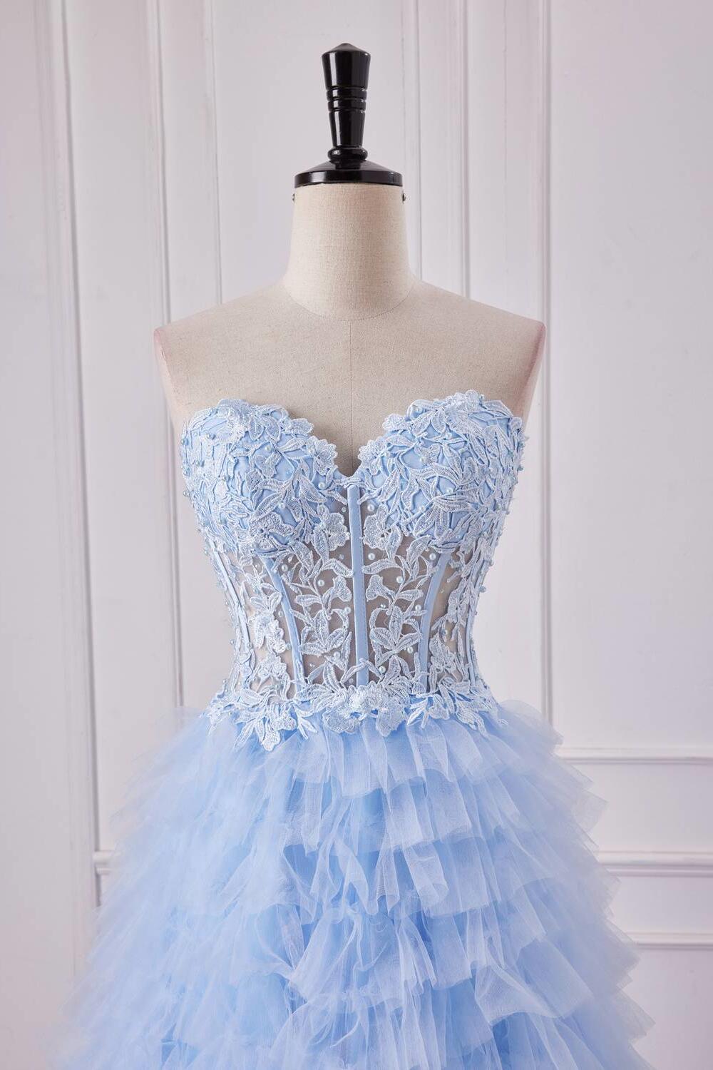 Sweetheart Appliques Light Blue Ruffles Tulle Formal Dress