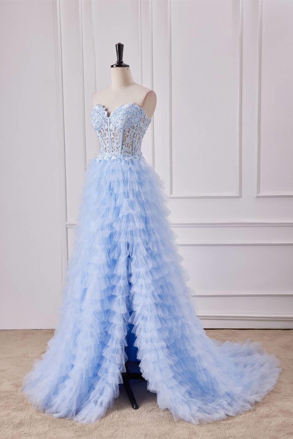 Sweetheart Appliques Light Blue Ruffles Tulle Formal Dress