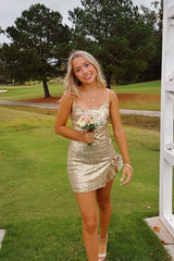 Champagne Sequin Straps Tight Slit Dress