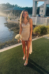 Champagne Sequin Ruched Tight Dress with Train