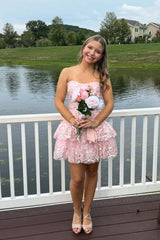 Strapless Pink Appliques Tiered Short Dress