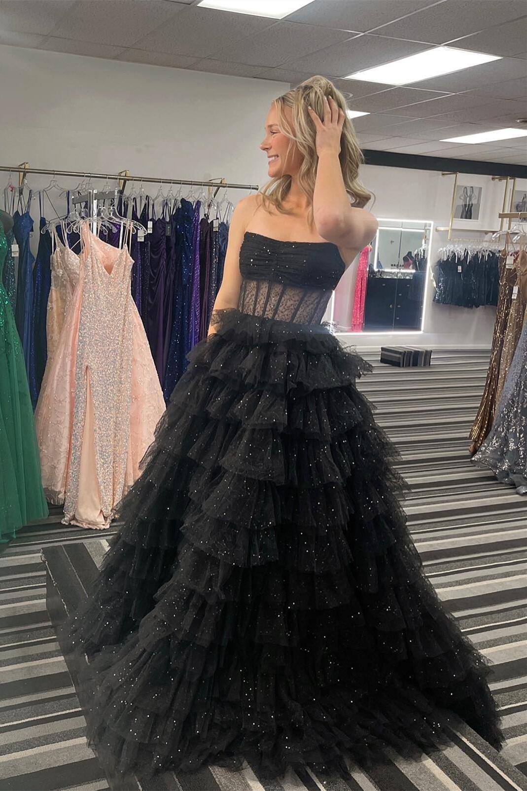 Gold Sparkle Tulle Tiered Ruffles Prom Dress
