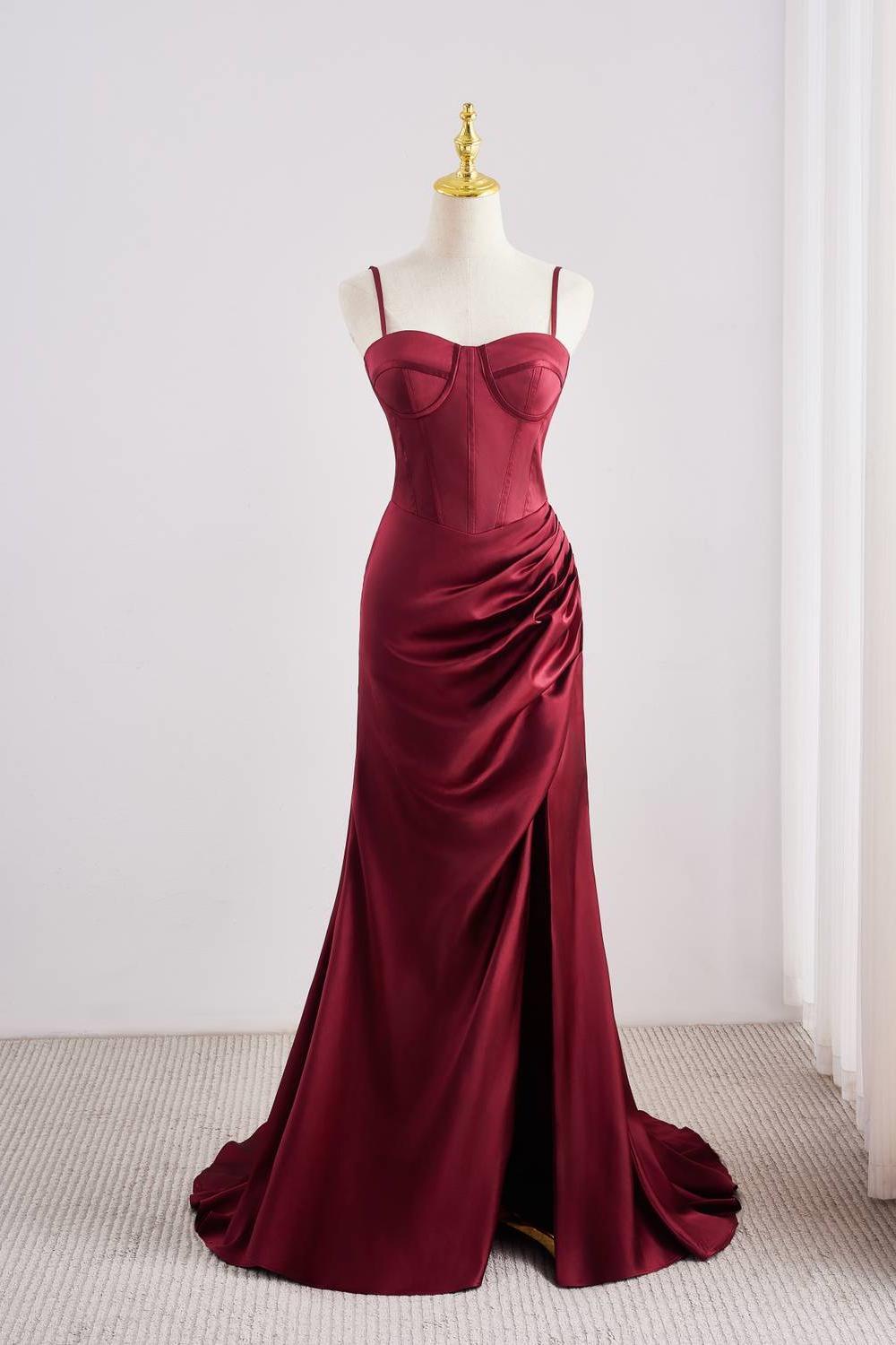 Burgundy Spaghetti Strap Ruched Mermaid Dress