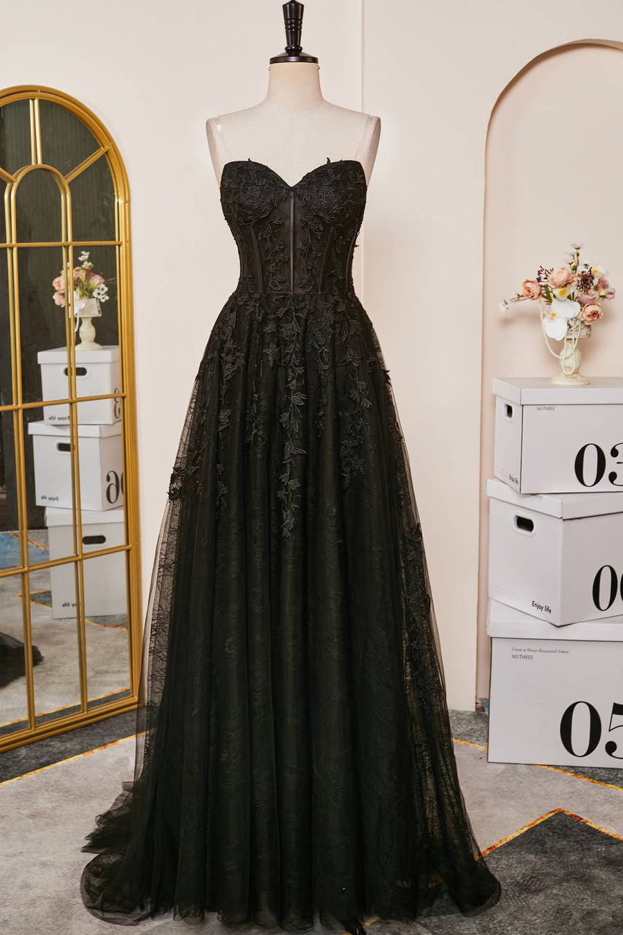 Black Sweetheart Lace Corset A-Line Prom Dress – Notjustprom