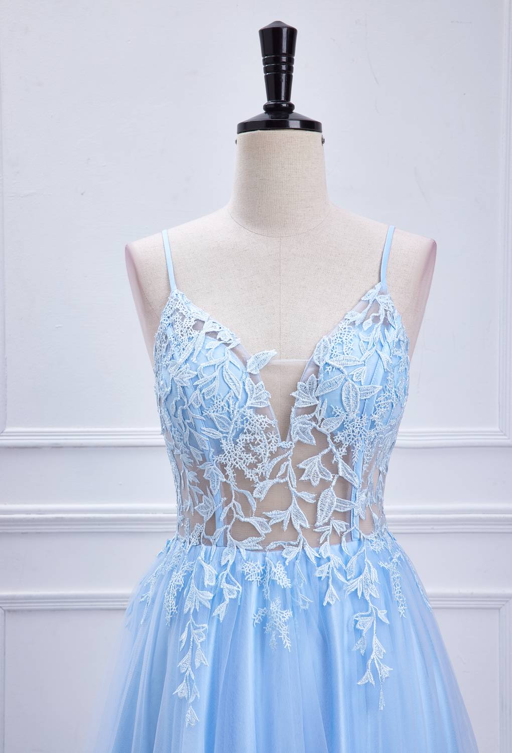 Sheer Light Blue Appliques Prom Dress in Light Blue