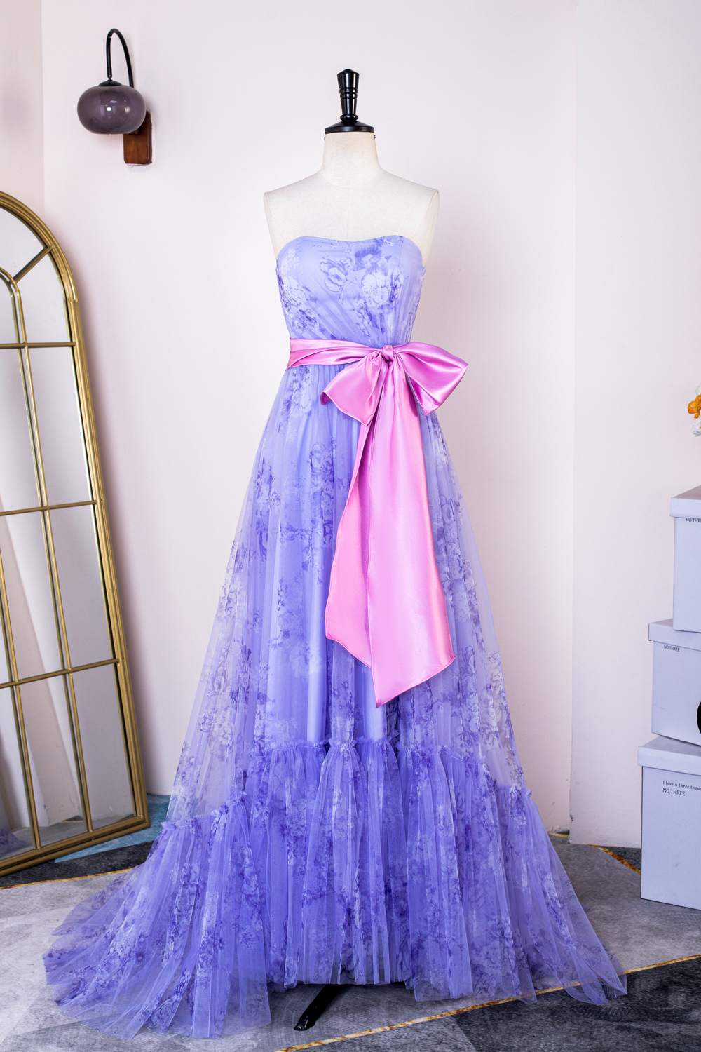 Purple Floral Long Formal Dress with Pink Sash