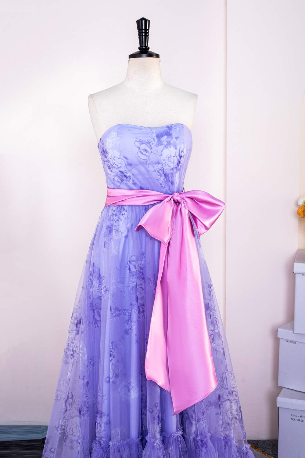 Purple Floral Long Formal Dress with Pink Sash