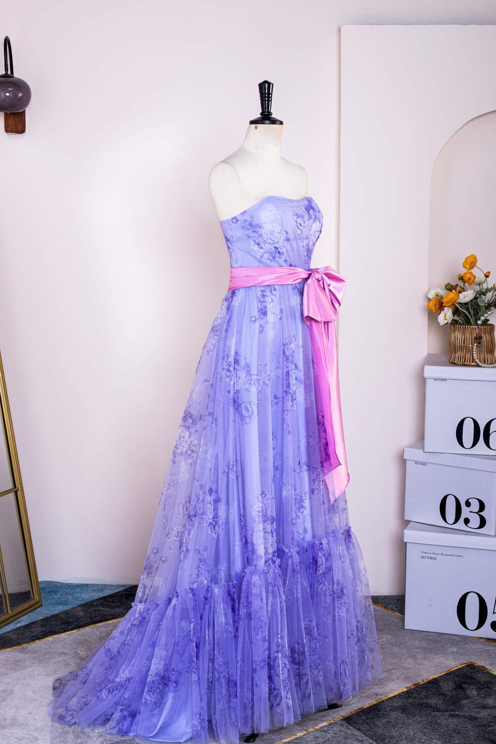 Purple Floral Long Formal Dress with Pink Sash