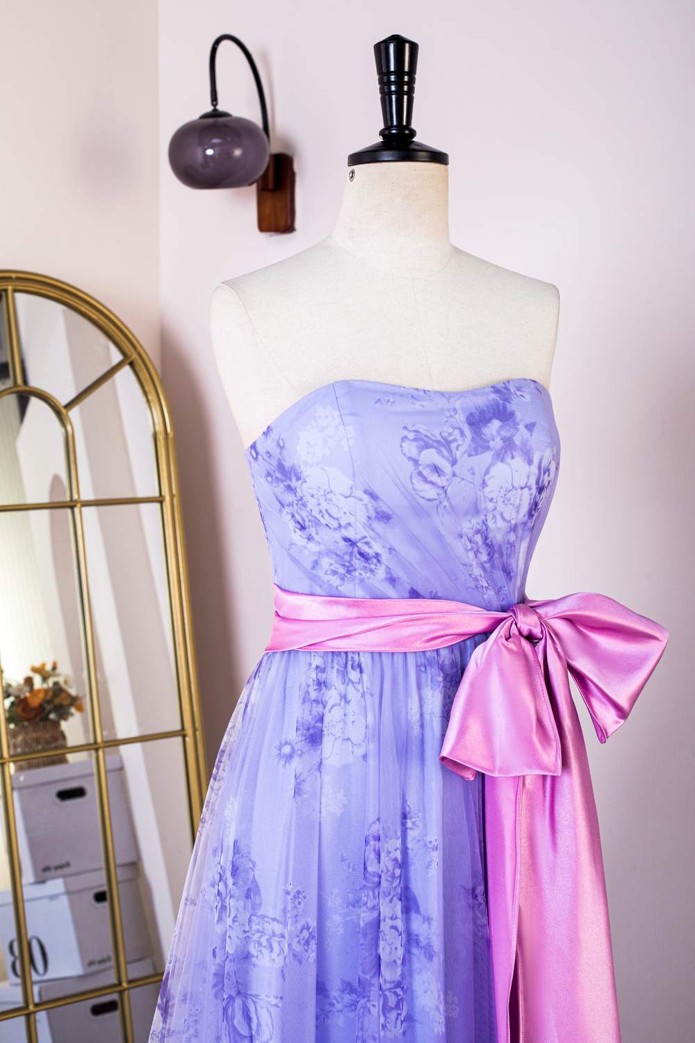 Purple Floral Long Formal Dress with Pink Sash