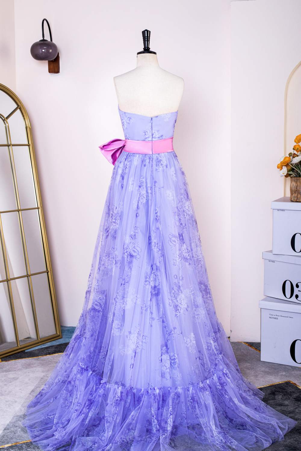 Purple Floral Long Formal Dress with Pink Sash