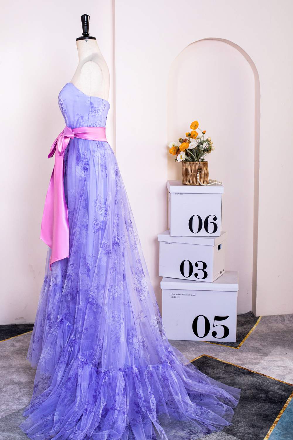 Purple Floral Long Formal Dress with Pink Sash