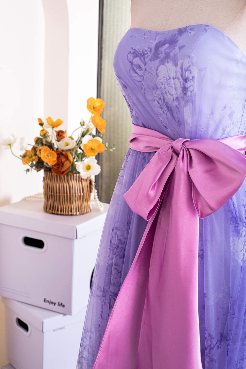 Purple Floral Long Formal Dress with Pink Sash