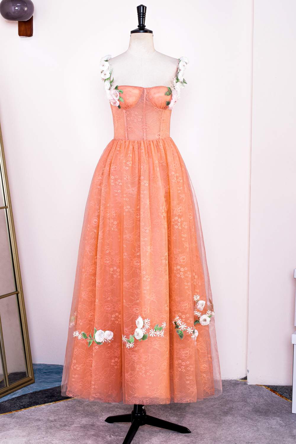 Peach Lace and Floral Embroidered Tea Length Dress