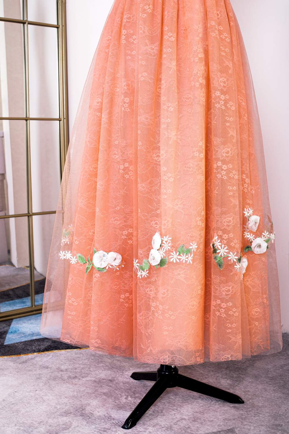 Peach Lace and Floral Embroidered Tea Length Dress