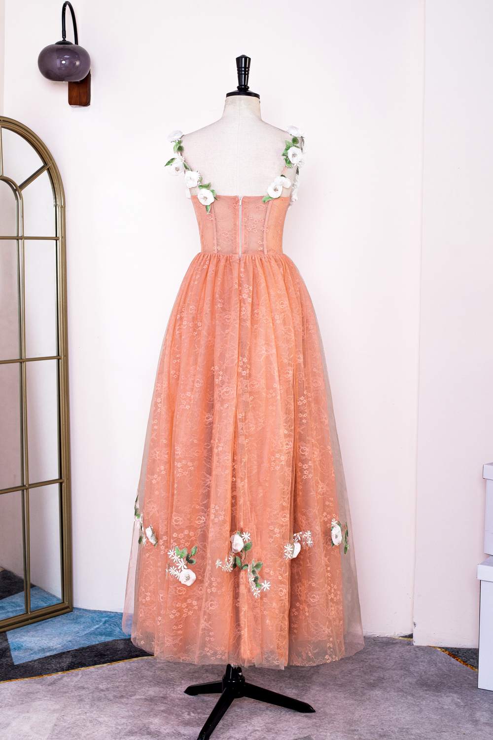 Peach Lace and Floral Embroidered Tea Length Dress