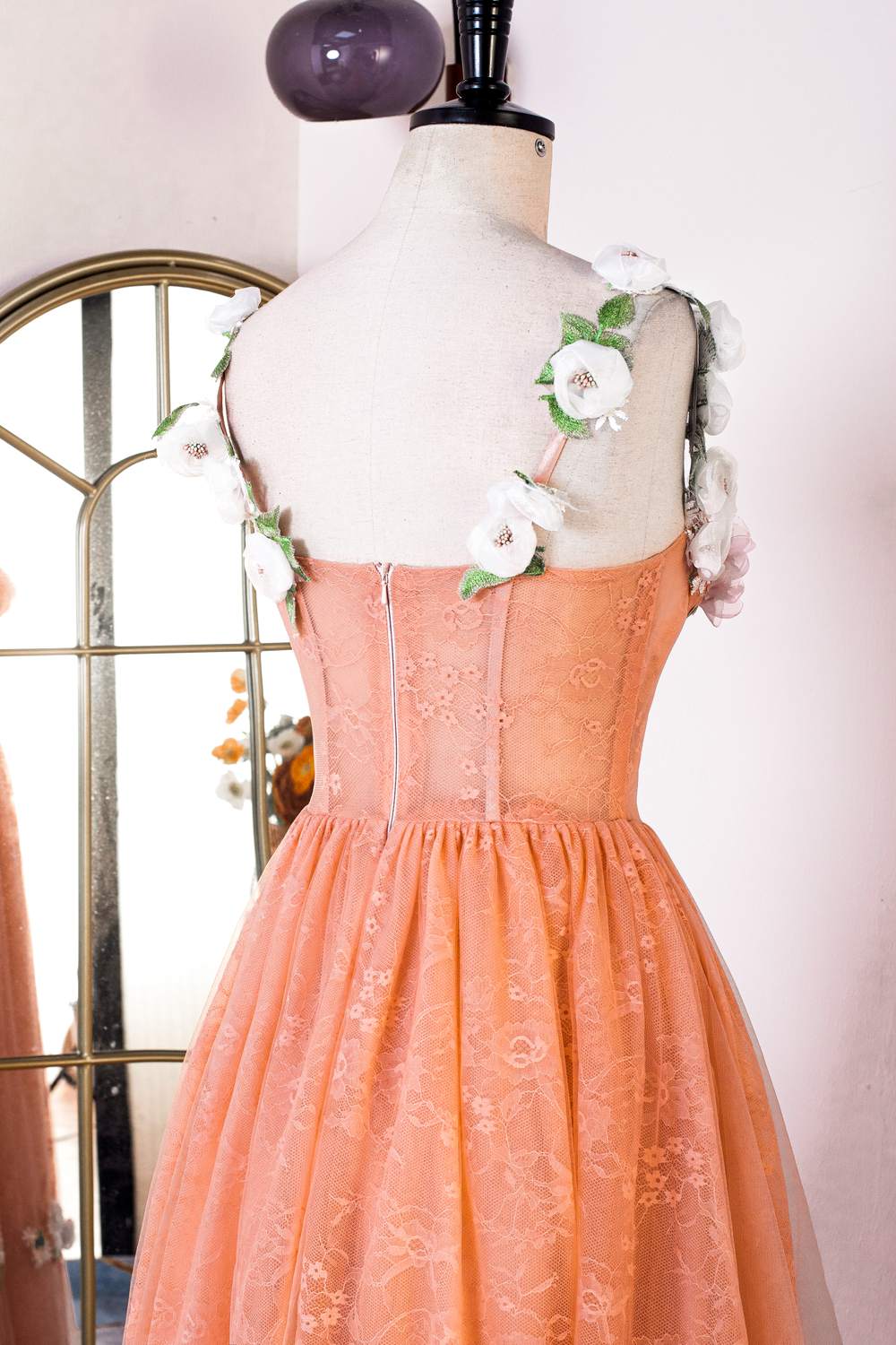 Peach Lace and Floral Embroidered Tea Length Dress