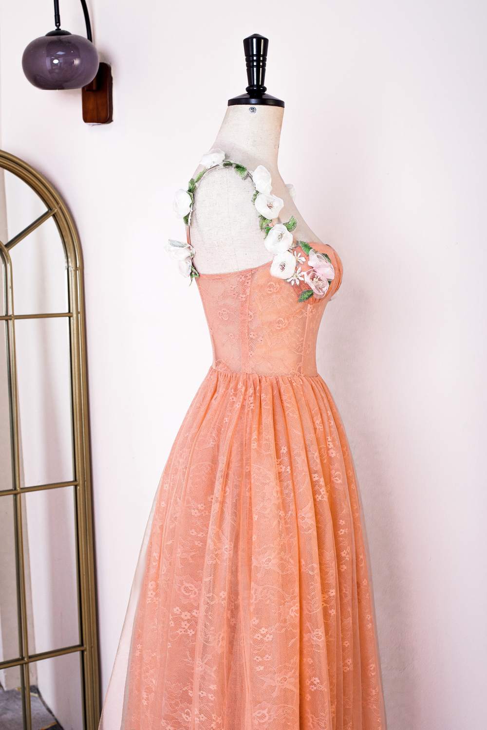 Peach Lace and Floral Embroidered Tea Length Dress