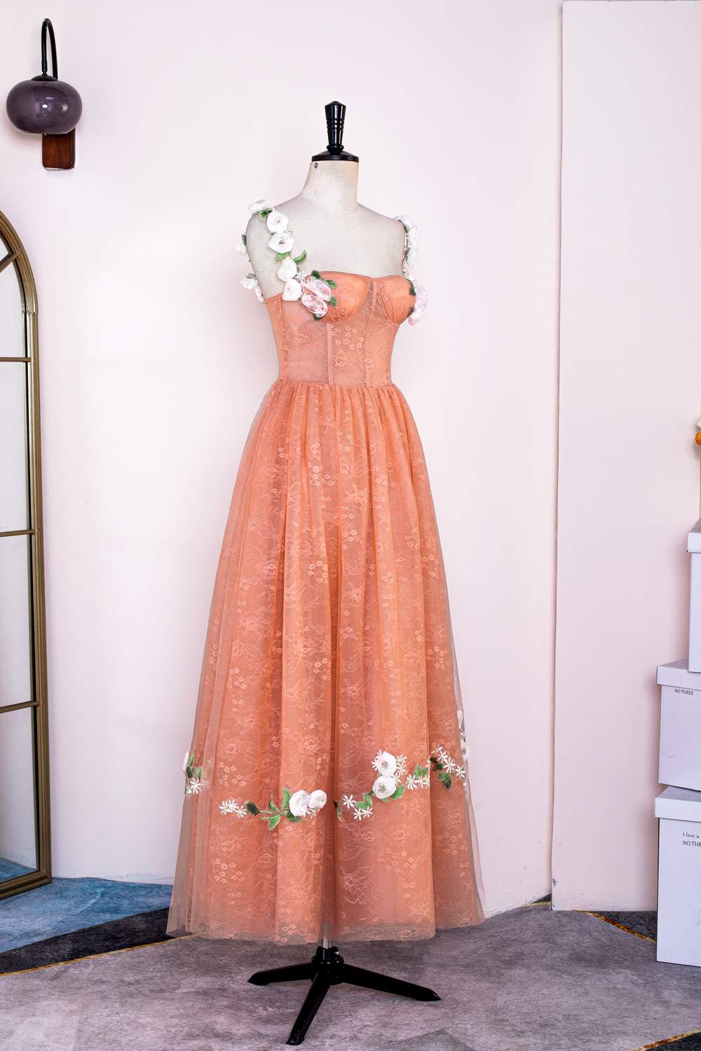 Peach Lace and Floral Embroidered Tea Length Dress