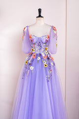 Lavender Floral Embroidery Long Formal Dress