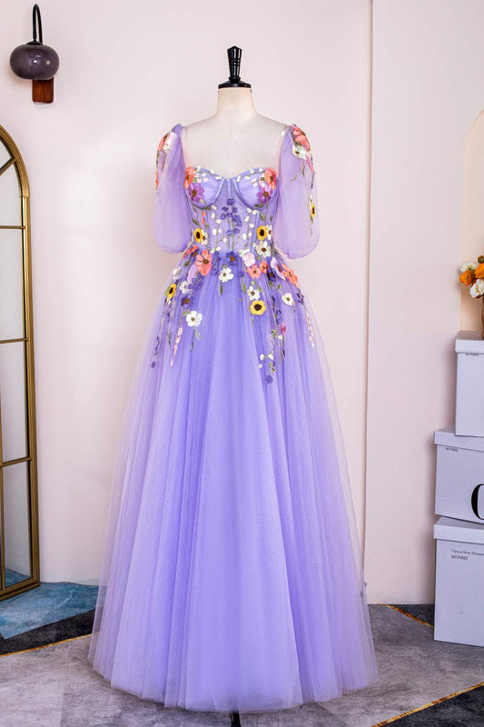 Lavender Floral Embroidery Long Formal Dress