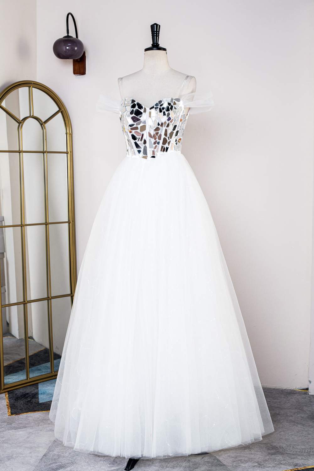 Off the Shoulder White Mirror Glass Tulle Princess Dress