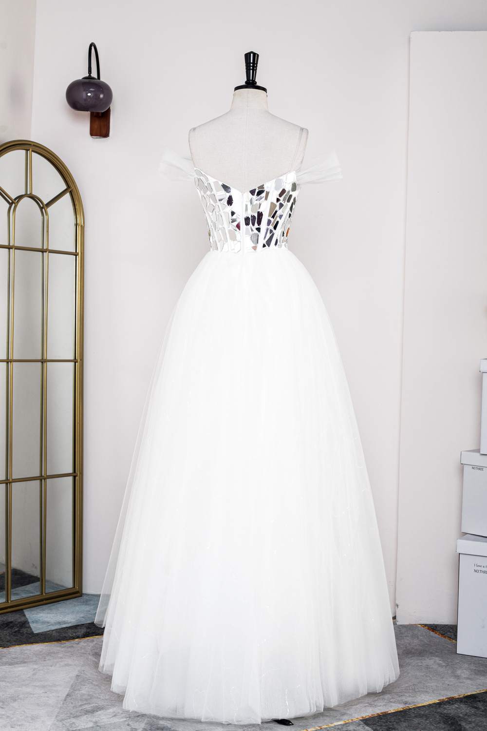 Off the Shoulder White Mirror Glass Tulle Princess Dress