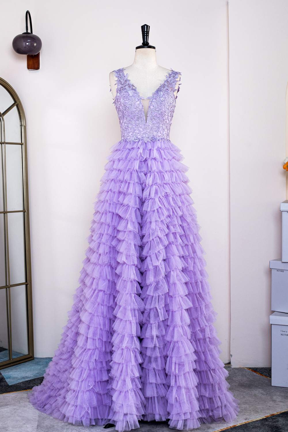 Lavender Lace and Tulle Tuiered Ruffle Prom Dress
