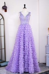 Lavender Lace and Tulle Tuiered Ruffle Prom Dress