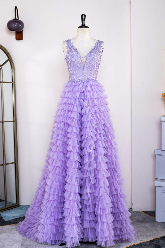 Lavender Lace and Tulle Tuiered Ruffle Prom Dress