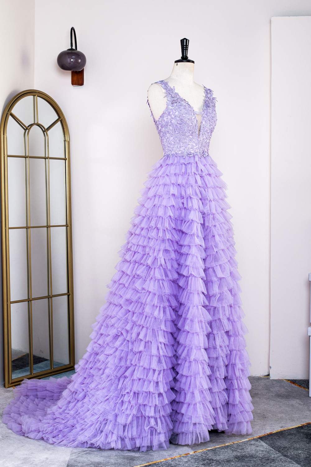 Lavender Lace and Tulle Tuiered Ruffle Prom Dress