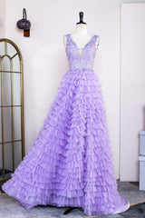 Lavender Lace and Tulle Tuiered Ruffle Prom Dress