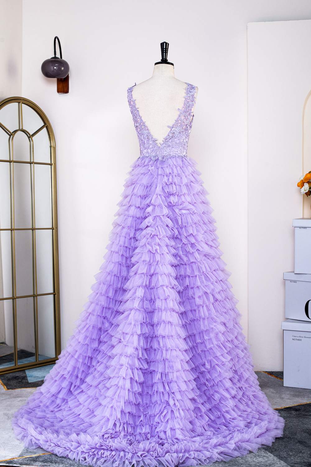 Lavender Lace and Tulle Tuiered Ruffle Prom Dress