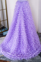Lavender Lace and Tulle Tuiered Ruffle Prom Dress