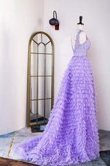 Lavender Lace and Tulle Tuiered Ruffle Prom Dress
